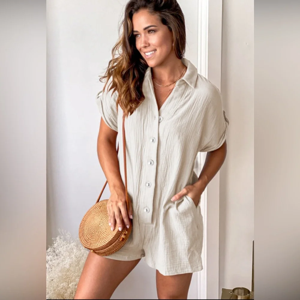 Beige Button Down Collared Romper with Pockets, Size Large - Picture 3 of 4